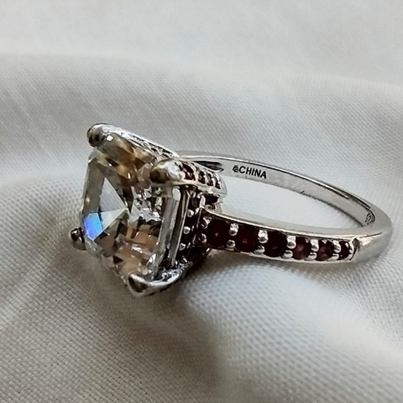 Sterling Silver & Cushion Cut CZ Stone Ring with Red Stone Pave Accent / Size 8 - Picture 6 of 8